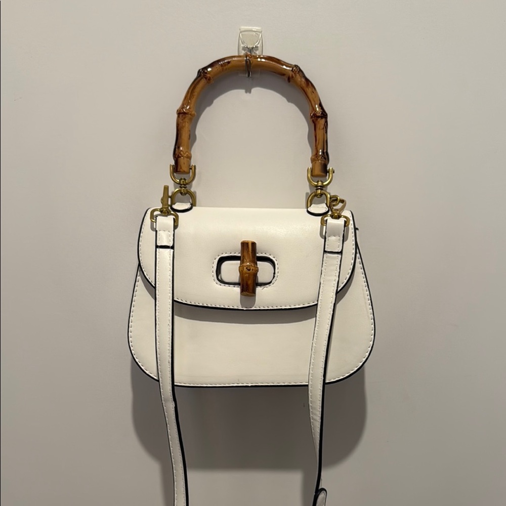 Elegant White and Brown Crossbody Bag with Bamboo Handle